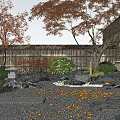 Night Courtyard Garden with Red Maple Trees Bamboo Fence Stones Lanterns Fallen Leaves Stone Paths