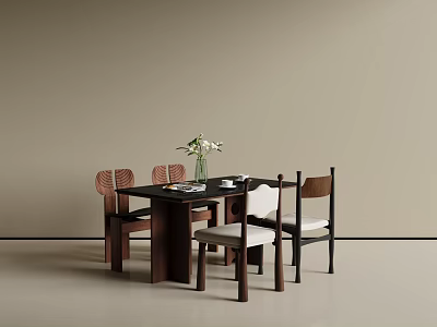 Modern Dining Table and Chairs Set with Woven Backrests Light Cushions Vase and Tableware 3d model