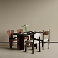 Modern Dining Table and Chairs Set with Woven Backrests Light Cushions Vase and Tableware 3d model