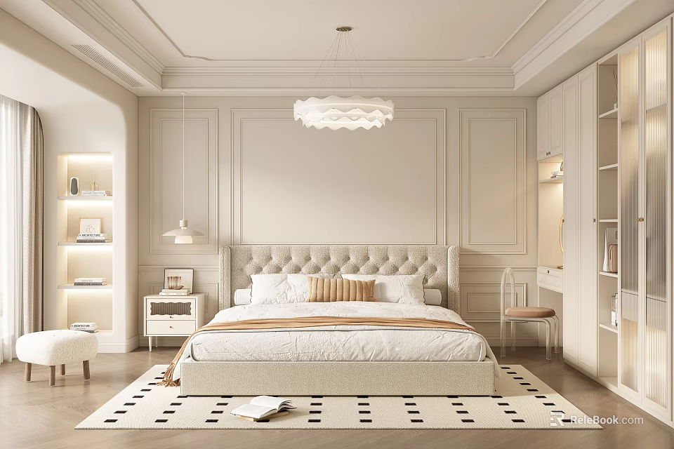 Modern Bedroom Interior Design With Beige Walls Upholstered Headboard Chandelier Bookshelves And Rug 3d model 