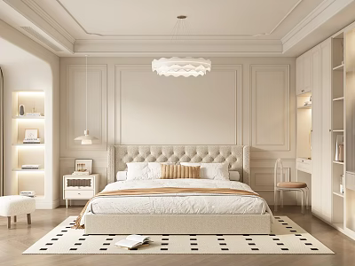 Modern Bedroom Interior Design With Beige Walls Upholstered Headboard Chandelier Bookshelves And Rug 3d model