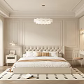 Modern Bedroom Interior Design With Beige Walls Upholstered Headboard Chandelier Bookshelves And Rug