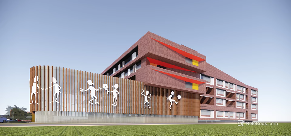 Modern School Building With Brown Exterior Red Yellow Accents Wooden Fence Children Silhouettes Green Lawn 3d model 