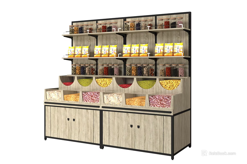 Wooden Multi Layer Display Shelf With Snacks Grains Storage Containers And Lower Cabinets 3d model 