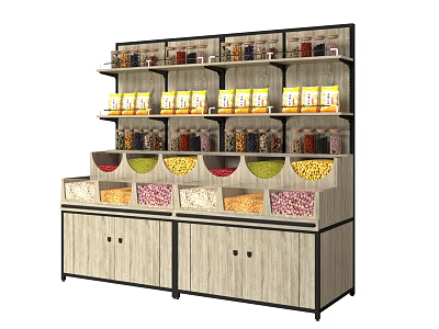 Wooden Multi Layer Display Shelf With Snacks Grains Storage Containers And Lower Cabinets 3d model