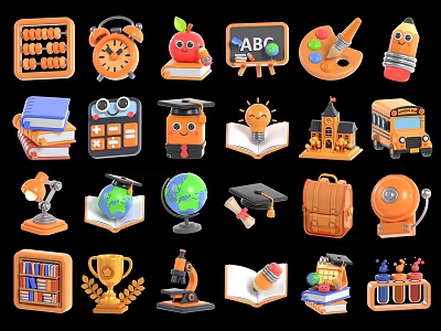 Cartoon school supplies building bookshelf books alarm clock pencil lamp 3d model