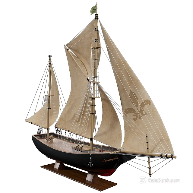 Vintage Wooden Sailboat Model With Canvas Sails And Fleur De Lis Design As Wall Decor 3d model 