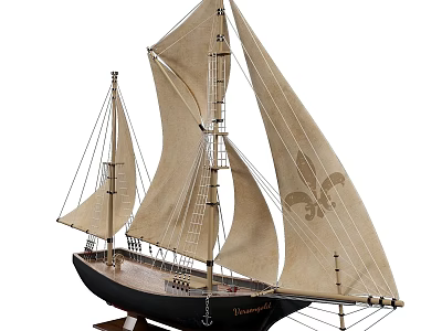 Vintage Wooden Sailboat Model With Canvas Sails And Fleur De Lis Design As Wall Decor 3d model