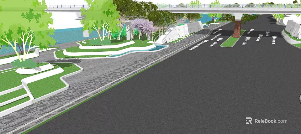 Scenic Urban Landscape Design With Paved Path Green Belts Purple Trees And Pedestrian Bridge 3d model 