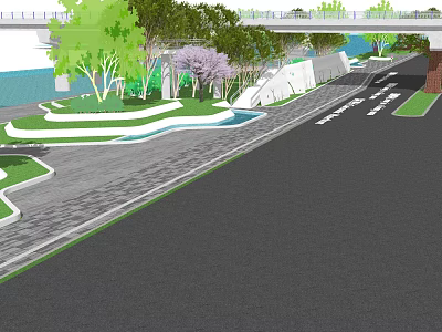 Scenic Urban Landscape Design With Paved Path Green Belts Purple Trees And Pedestrian Bridge 3d model