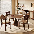 Warm Restaurant Dining Space with Round Table Wooden Chairs Circular Rug Shelves Plants and Painting