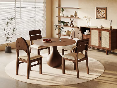 Warm Restaurant Dining Space with Round Table Wooden Chairs Circular Rug Shelves Plants and Painting 3d model