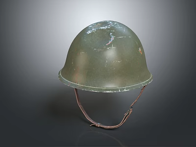 Vintage Green Military Helmet Featuring Worn Surface Scratches And Brown Straps 3d model