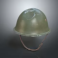 Vintage Green Military Helmet Featuring Worn Surface Scratches And Brown Straps