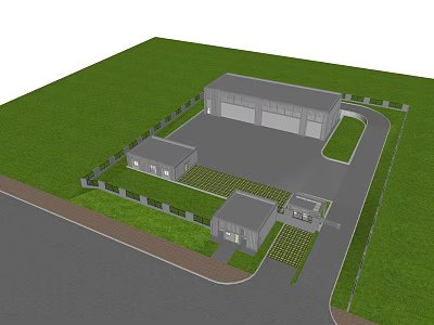 Modern Building Complex With Large Main Structure Small Auxiliary Buildings Green Lawn Fence And Driveway 3d model