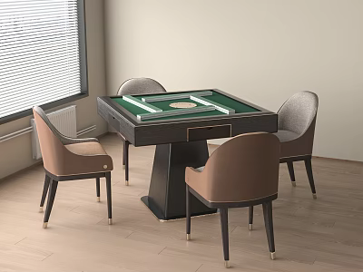 Modern Entertainment Table With Green Surface Black Base And Four Brown Upholstered Chairs 3d model