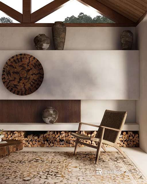 Cozy Living Room Interior With Woven Circular Decor Clay Pots Fireplace Firewood And Woven Chair 3d model 
