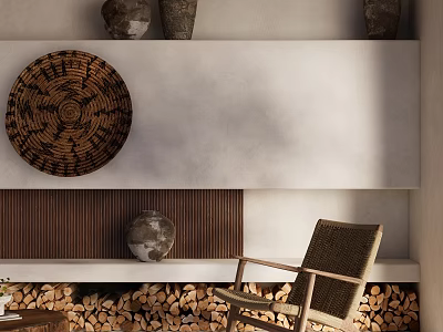Cozy Living Room Interior With Woven Circular Decor Clay Pots Fireplace Firewood And Woven Chair 3d model