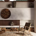 Cozy Living Room Interior With Woven Circular Decor Clay Pots Fireplace Firewood And Woven Chair