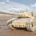 Modern Military Tank With Large Gun Barrel On Desert Terrain Under Sky