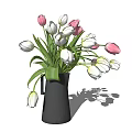 Fresh White Tulips In Black Vase With Green Leaves For Home Decor