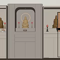 Modern Buddhist Shrines With Golden Buddha Statues Red Candles And Gray Cabinets