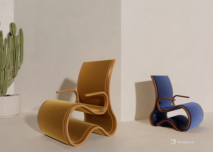 Modern Curved Accent Chairs in Yellow and Blue Upholstery With Cactus Plant in Minimalist Interior 3d model 