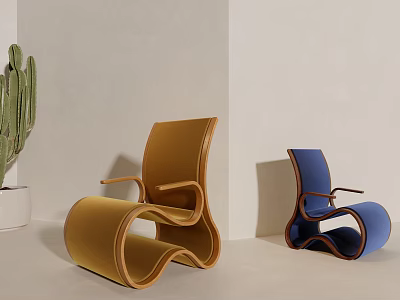 Modern Curved Accent Chairs in Yellow and Blue Upholstery With Cactus Plant in Minimalist Interior 3d model