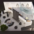 Modern Open Architectural Space With White Walls Glass Roof And Black Sculptures