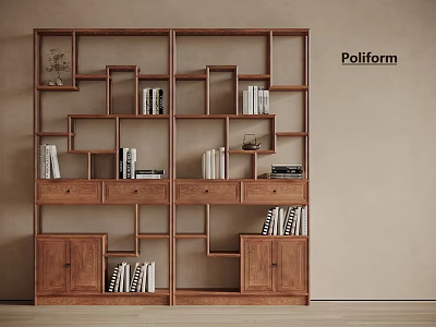 Poliform Wooden Shelving Unit With Open Shelves Drawers And Decorative Books 3d model