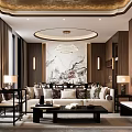 Traditional Chinese Dining and Living Room Interior Featuring Wooden Bookshelves TV Wall and Coffee Table