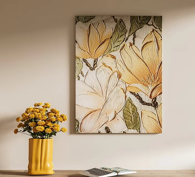 Elegant Botanical Painting Displaying Large Yellow Blossoms and Green Foliage near Yellow Flower Vase 3d model