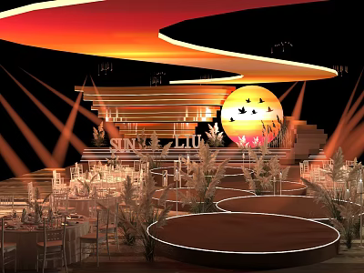 Banquet Hall With Warm Curved Lighting Circular Stage Green Plants And Sun Motif 3d model