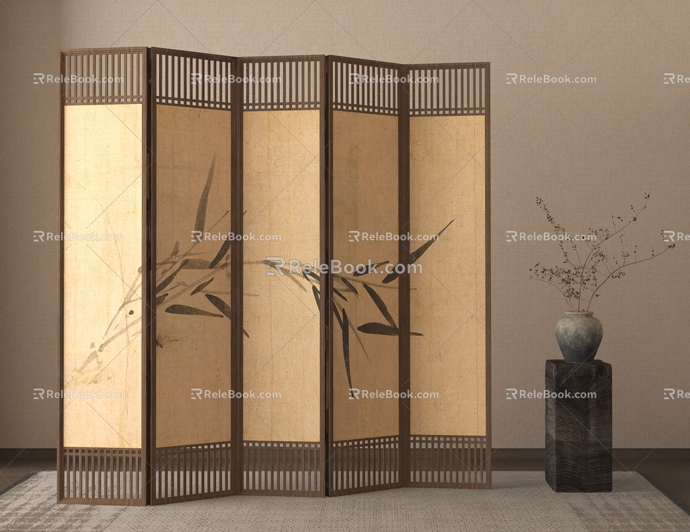 New Chinese-style Screen Partition Ink Screen Side Several Floriculture Ornaments 3d model