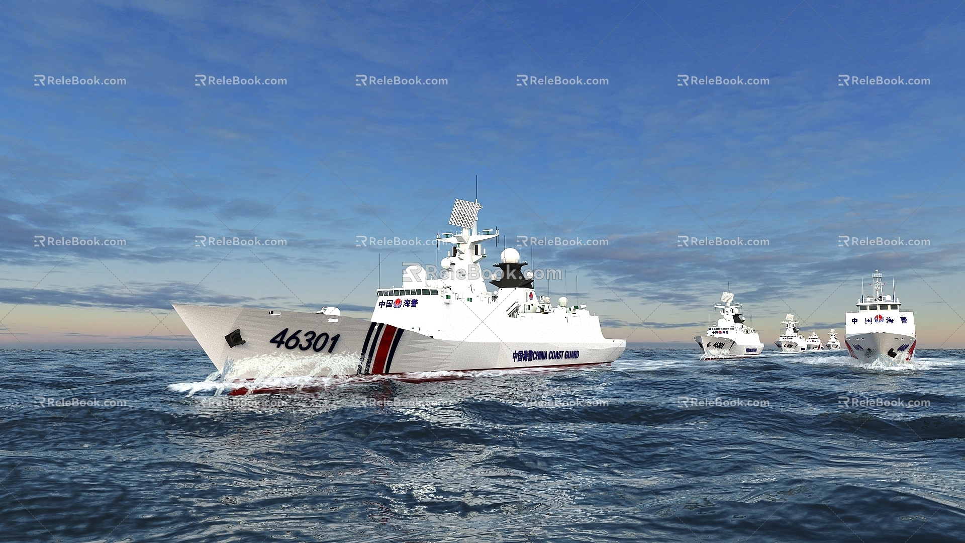 Sea Surface Coast Guard Boat Patrol Animation Scene 054A Coast Guard Bureau Coast Guard 46301 Maritime Law Enforcement Patrol Boat Warship Navy Destroyer 3d model