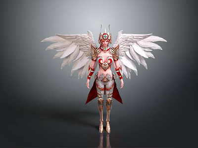 Mythical Female Figure With White Wings Gold Red Decorations And Ornate Armor Crown Standing Pose 3d model