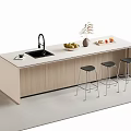 Modern Light Wood Bar Counter With White Top Sink Fruits Vase And Three Black Stools
