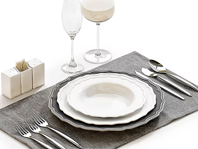 Dining Table Setting With Stacked Plates Wine Glasses Salt Pepper Shakers Utensils And Gray Placemat 3d model