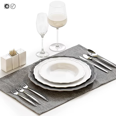 Dining Table Setting With Stacked Plates Wine Glasses Salt Pepper Shakers Utensils And Gray Placemat 3d model