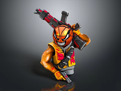Action Figure With Orange Flame Helmet Smiling Face Yellow Red Vest And Guns 3d model