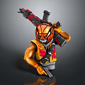 Action Figure With Orange Flame Helmet Smiling Face Yellow Red Vest And Guns