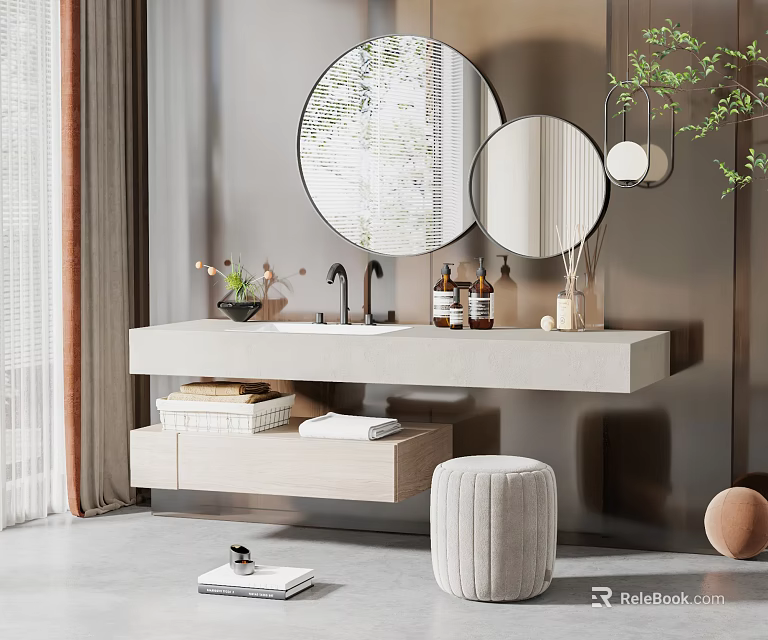 Modern Bathroom Vanity With Round Mirrors Under Counter Storage Green Plants And Stool 3d model 