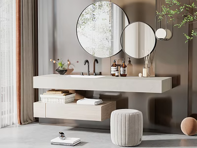 Modern Bathroom Vanity With Round Mirrors Under Counter Storage Green Plants And Stool 3d model