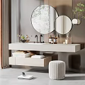 Modern Bathroom Vanity With Round Mirrors Under Counter Storage Green Plants And Stool