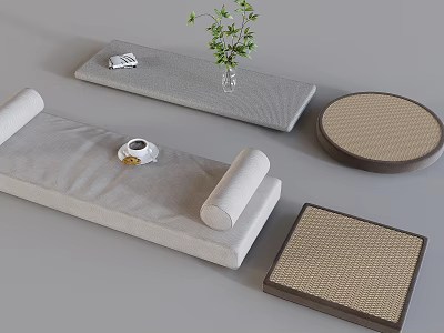 Minimalist Indoor Furniture Collection With Bench Cushions Plant And Tea Cup 3d model