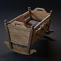 Vintage Wooden Rocking Baby Crib With Striped Blanket And Classic Design