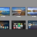 Multiple Televisions Showing Natural Scenery and Smart Interface Screens Arranged in Rows