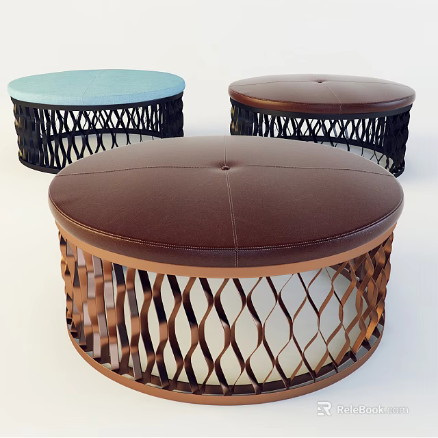 Modern Round Ottoman Seats With Leather Top And Woven Frame In Blue Brown 3d model 