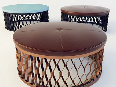 Modern Round Ottoman Seats With Leather Top And Woven Frame In Blue Brown 3d model