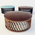 Modern Round Ottoman Seats With Leather Top And Woven Frame In Blue Brown